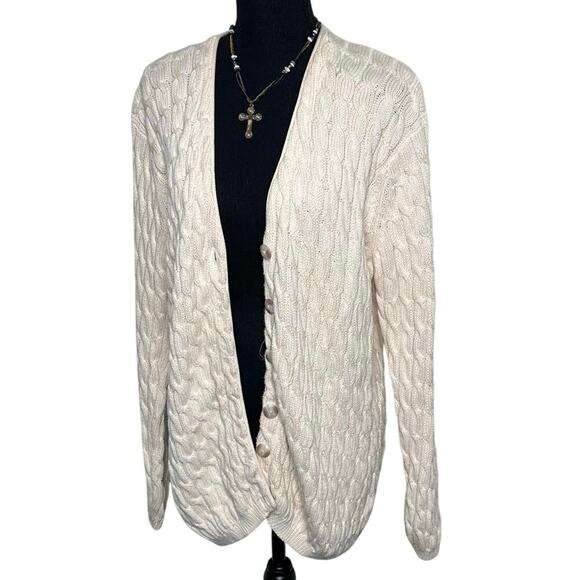 Lands' End‎ Vintage Women's M Ivory Cardigan Sweater Cable Knit Chunky Preppy - Picture 1 of 8